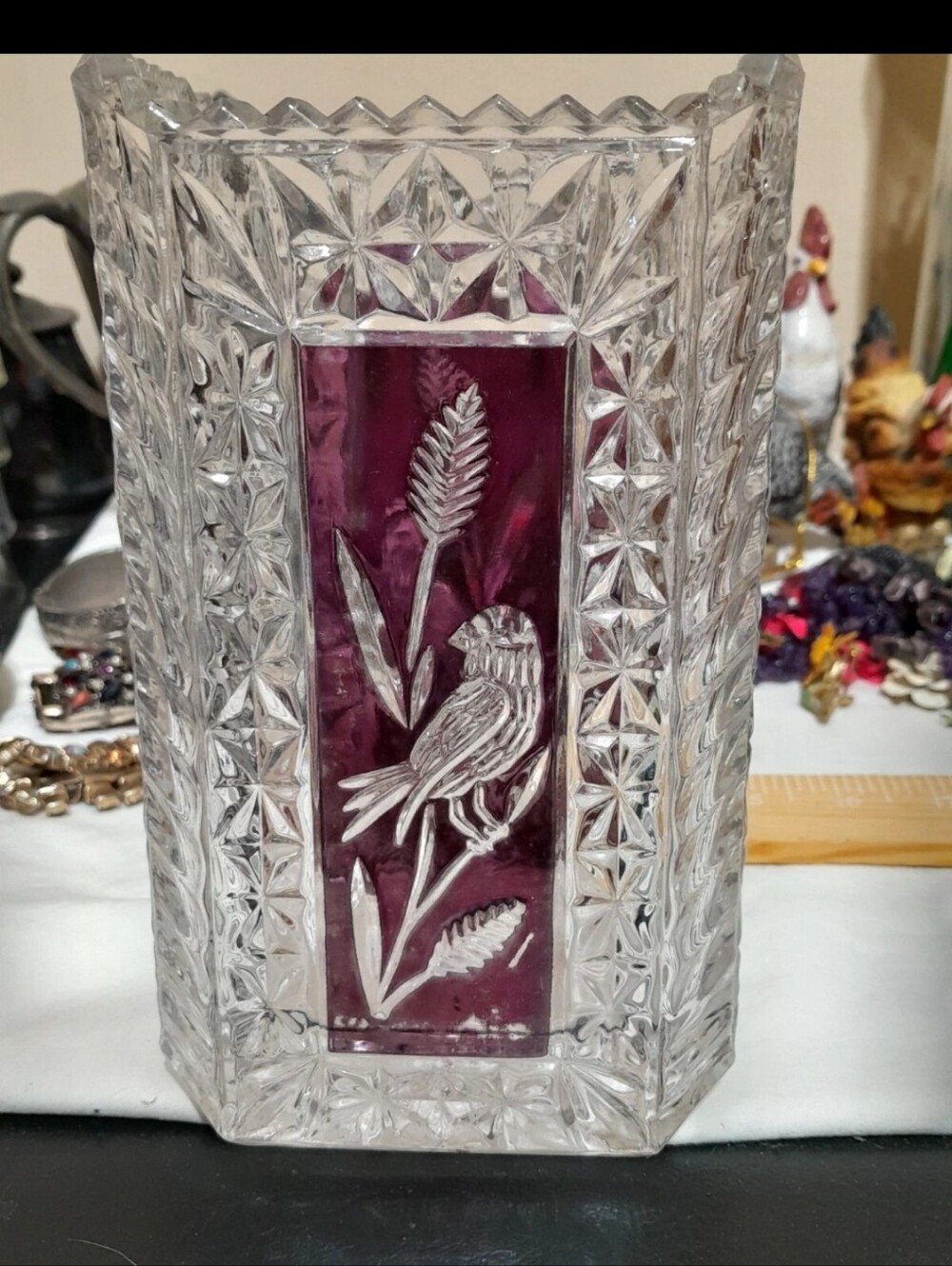 Vintage Clear Cut Glass Vase with Plum Accent and Bird Motif